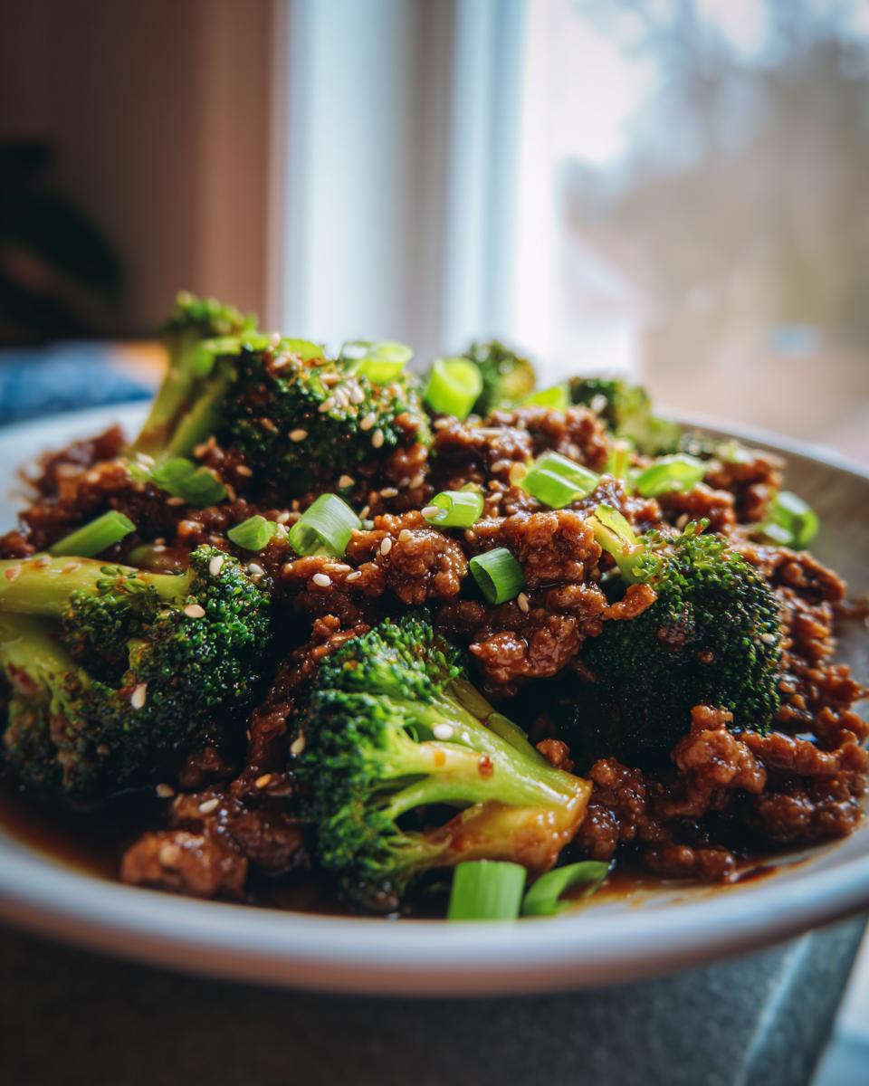 A close-up of a Keto Ground Beef and Broccoli Bowl, featuring tender ground beef and vibrant broccoli florets in a savory sauce, topped with sesame seeds and green onions.