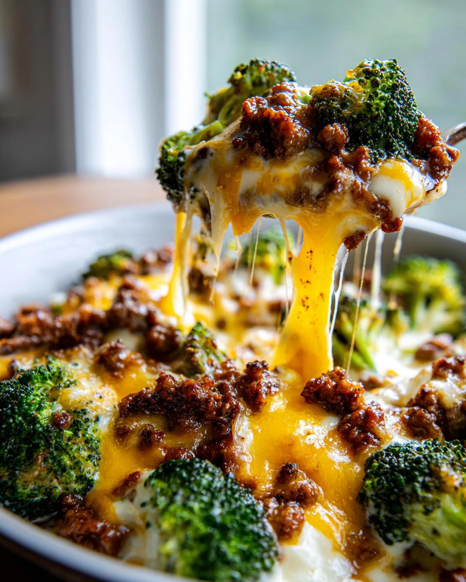 Easy Keto Hamburger Broccoli Skillet Dinner 5 A spoonful lifting a cheesy portion of Keto Hamburger Broccoli Skillet, showing melted cheese strings.