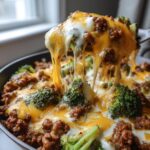 A fork lifting a cheesy portion of Keto Hamburger Broccoli Skillet, showing melted cheddar cheese, ground beef, and broccoli florets.