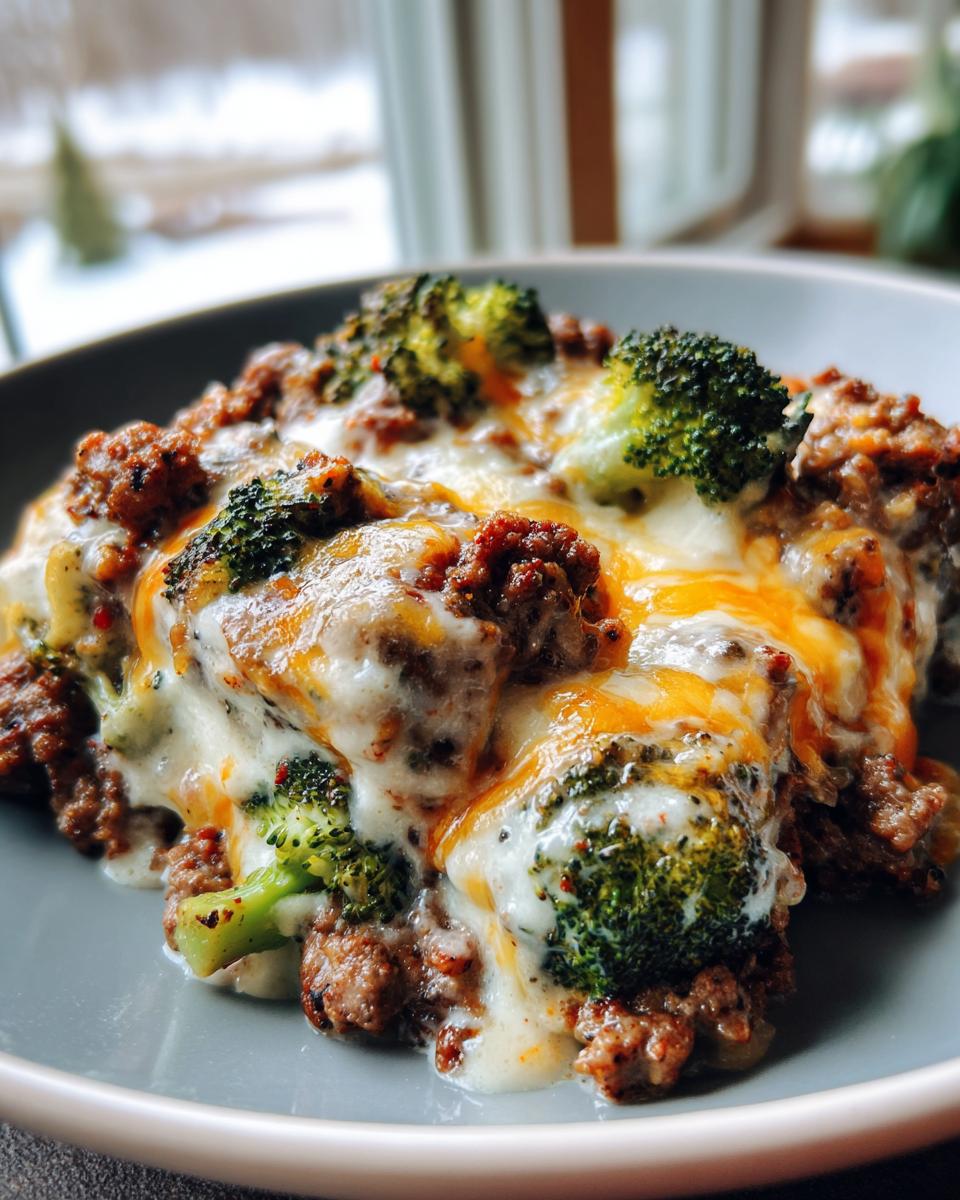 Easy Keto Hamburger Broccoli Skillet Dinner 4 A close-up of a serving of Keto Hamburger Broccoli Skillet, featuring ground beef, melted cheese, and broccoli florets.