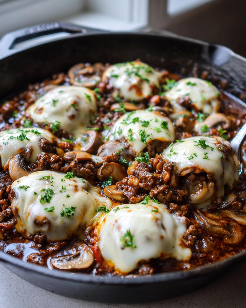 Close-up of a Keto Hamburger Mushroom Swiss Skillet with melted cheese and parsley.