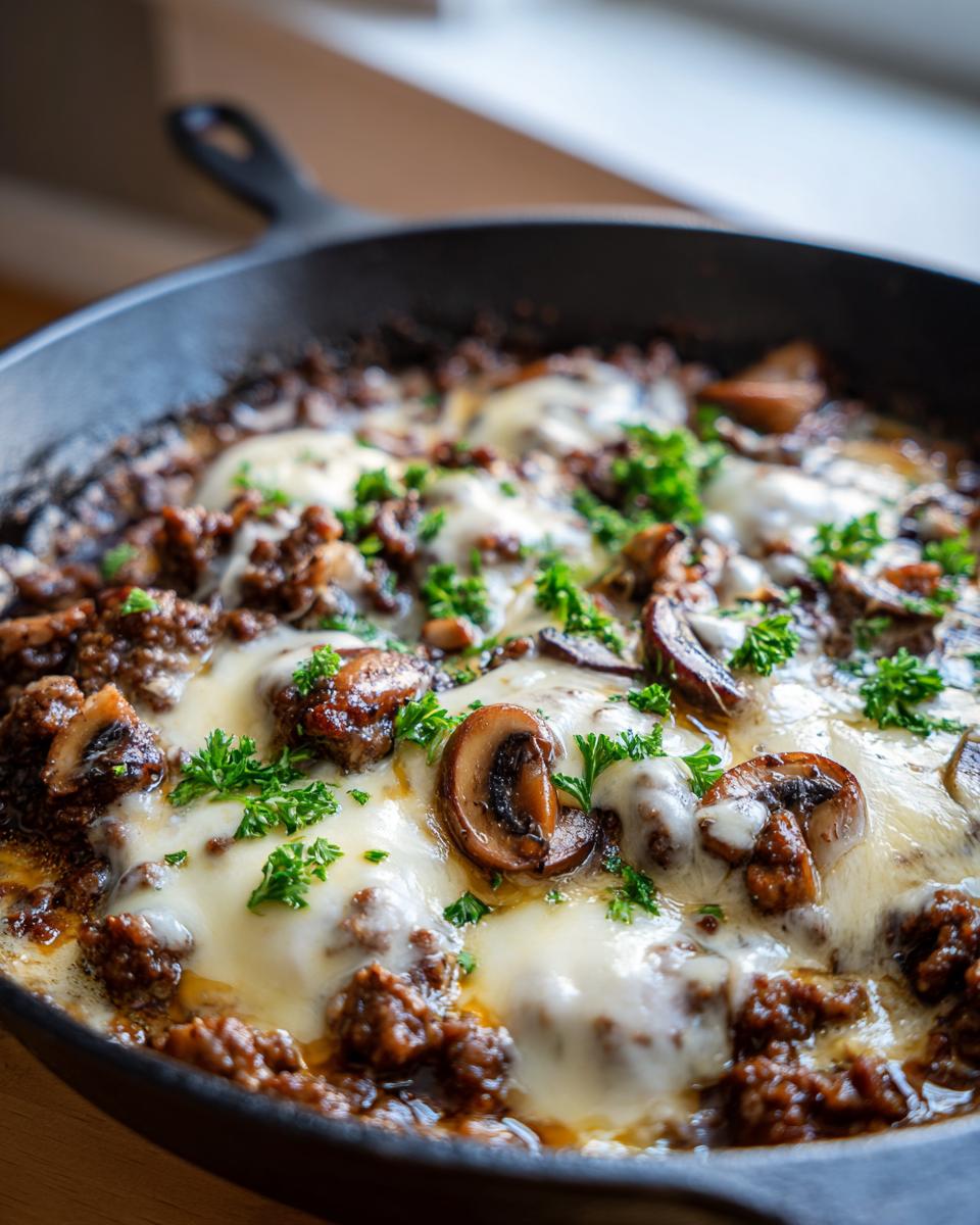 Close-up of a Keto Hamburger Mushroom Swiss Skillet Dinner with melted cheese and parsley.