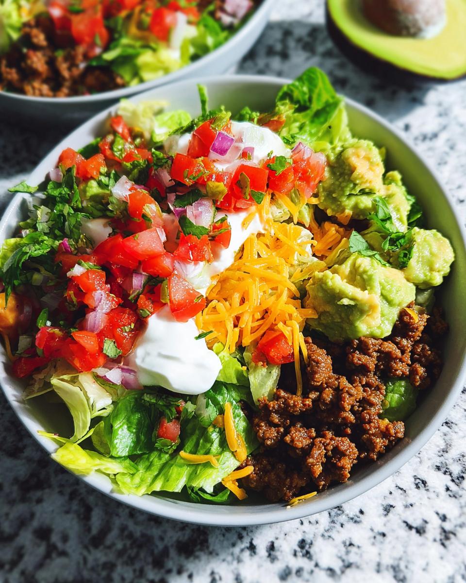Hearty Keto Taco Salad Recipe Done Right 4 A delicious bowl of Keto Taco Salad with seasoned ground beef, lettuce, pico de gallo, guacamole, sour cream, and shredded cheese.