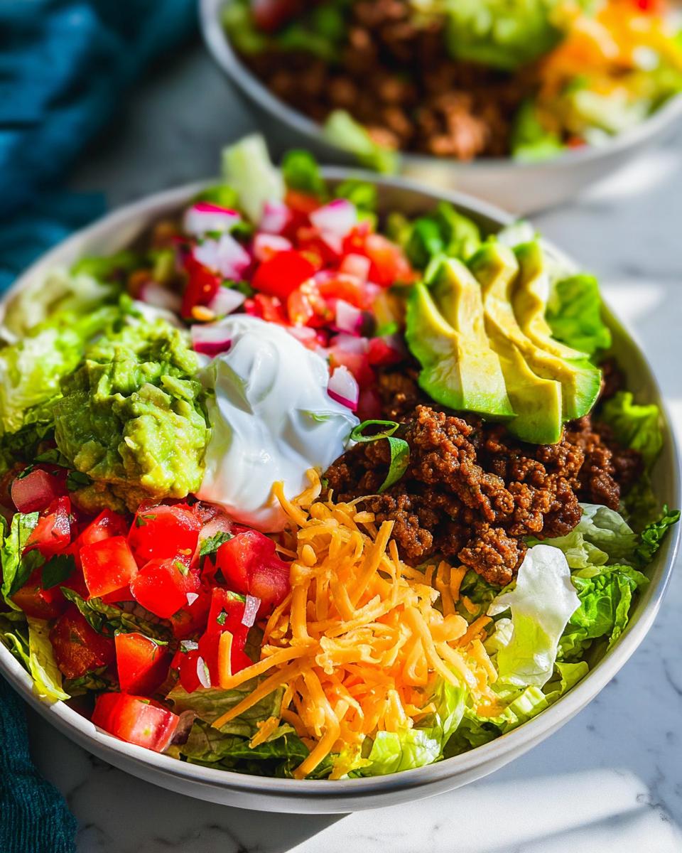 Hearty Keto Taco Salad Recipe Done Right 5 A close-up of a vibrant Keto Taco Salad Recipe bowl filled with seasoned ground beef, lettuce, tomatoes, avocado, guacamole, sour cream, and shredded cheese.