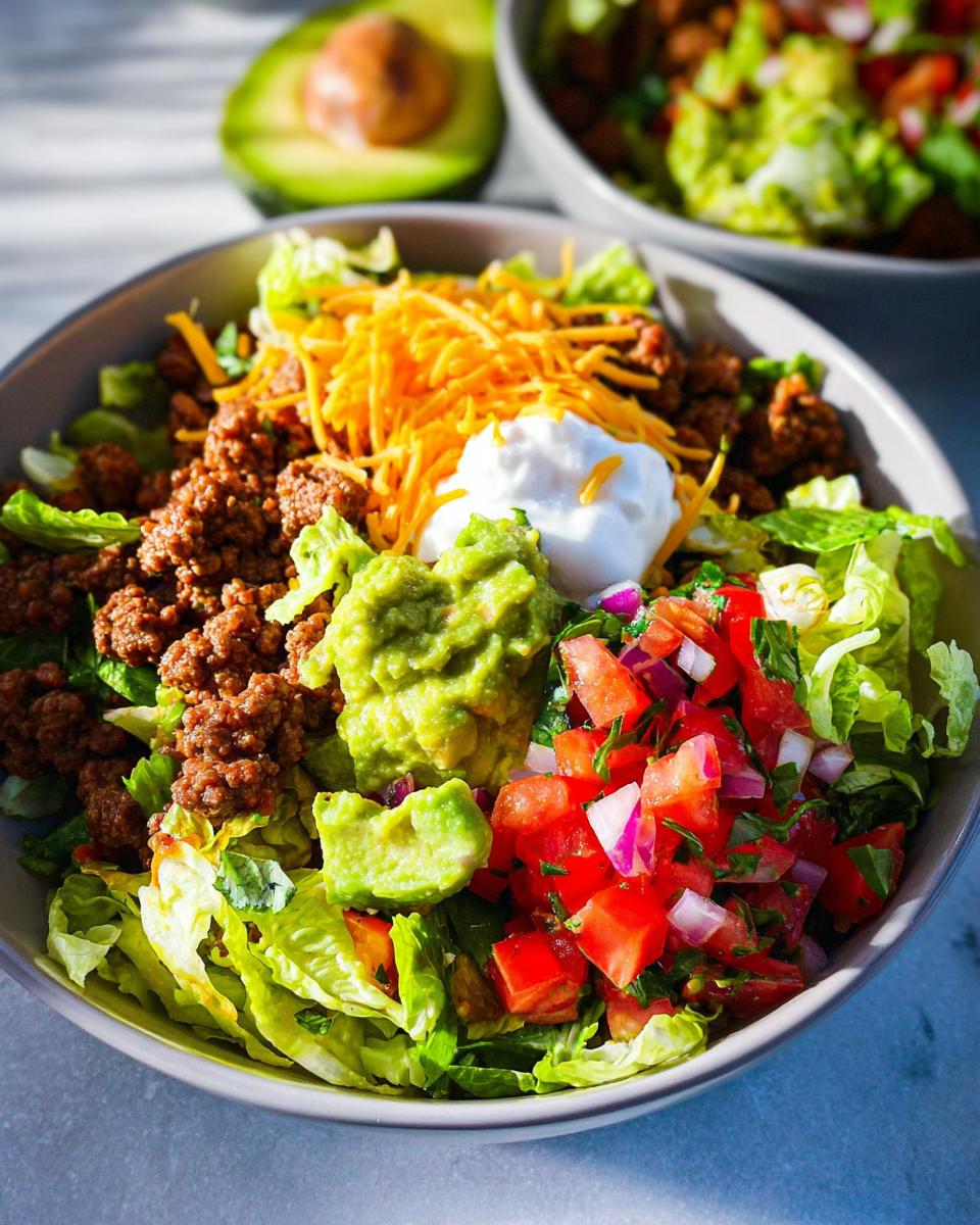A vibrant bowl of Keto Taco Salad Recipe with seasoned ground beef, lettuce, cheese, guacamole, pico de gallo, and sour cream.