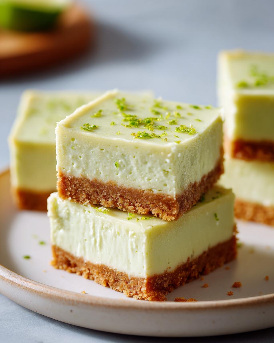 Dreamy Key Lime Cheesecake Bars Easy Dessert Recipe 4 Close-up of stacked Key Lime Cheesecake Bars Easy Dessert Recipe with graham cracker crust and lime zest topping.