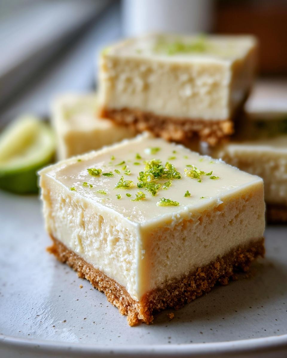 Dreamy Key Lime Cheesecake Bars Easy Dessert Recipe 5 Close-up of a slice of Key Lime Cheesecake Bars on a plate, topped with lime zest.