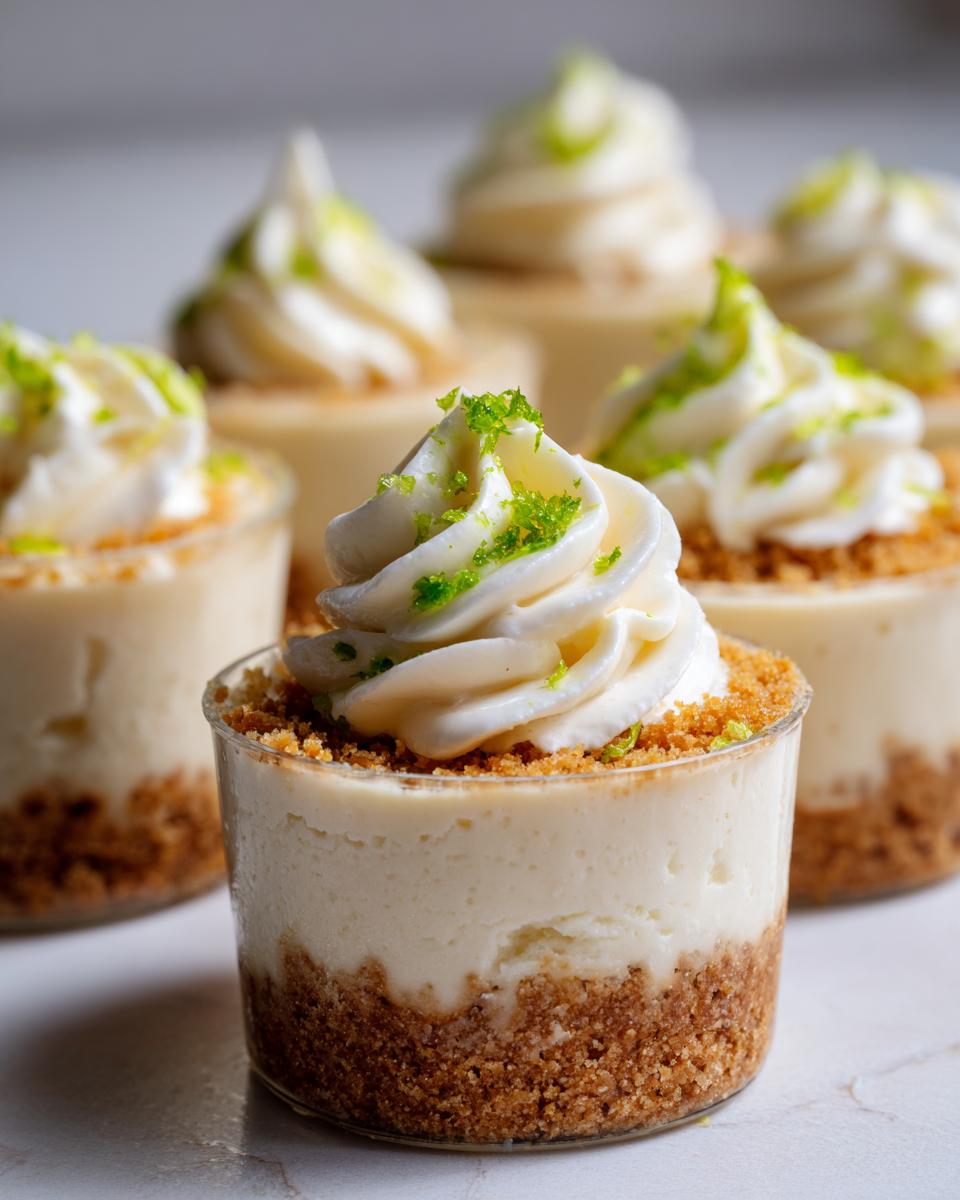 Key Lime Cheesecake Cups: 7 Steps to Bliss 5 Close-up of a Key Lime Cheesecake Cup with whipped cream and lime zest, a perfect no-bake summer dessert.