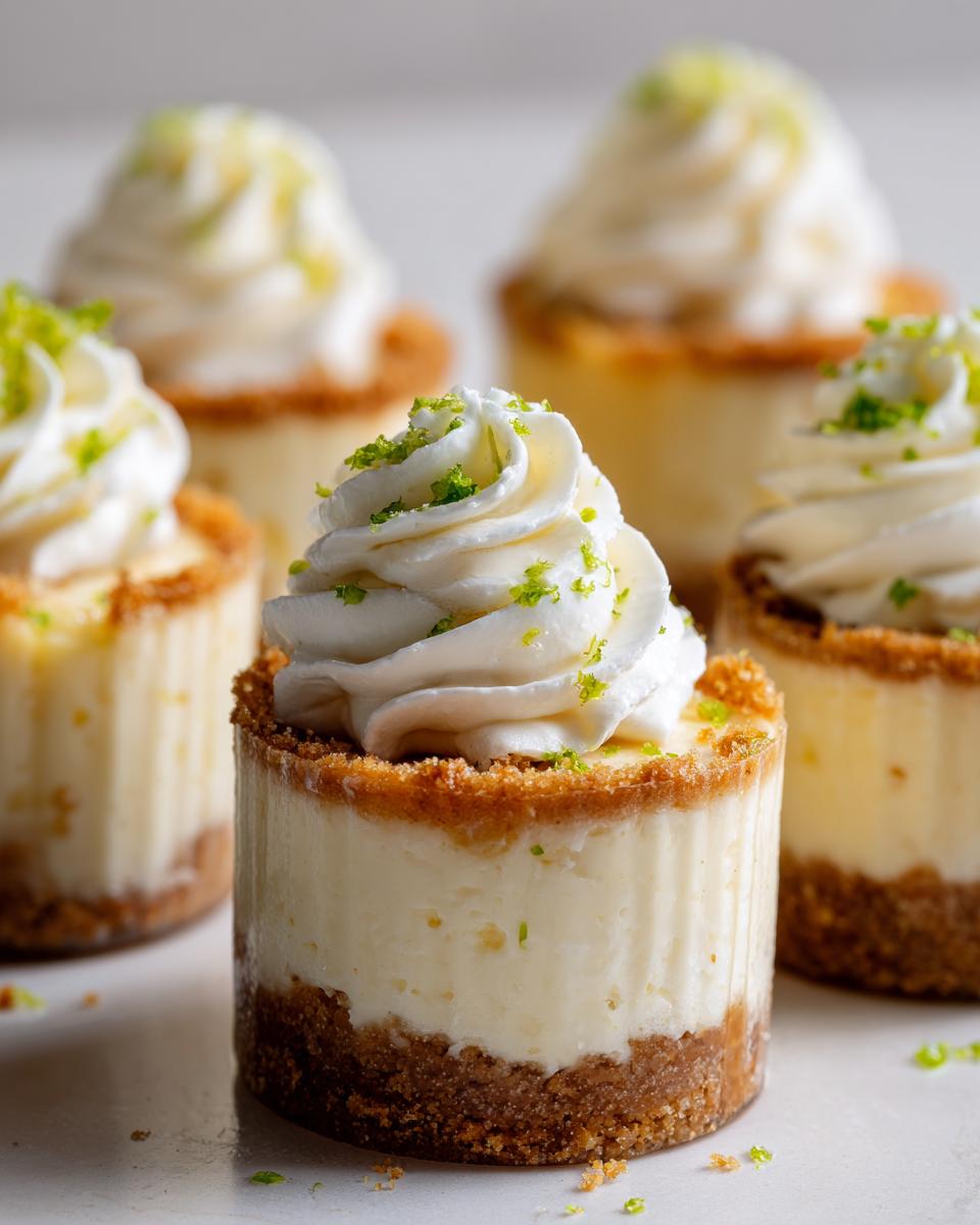 Close-up of no-bake Key Lime Cheesecake Cups topped with whipped cream and lime zest.