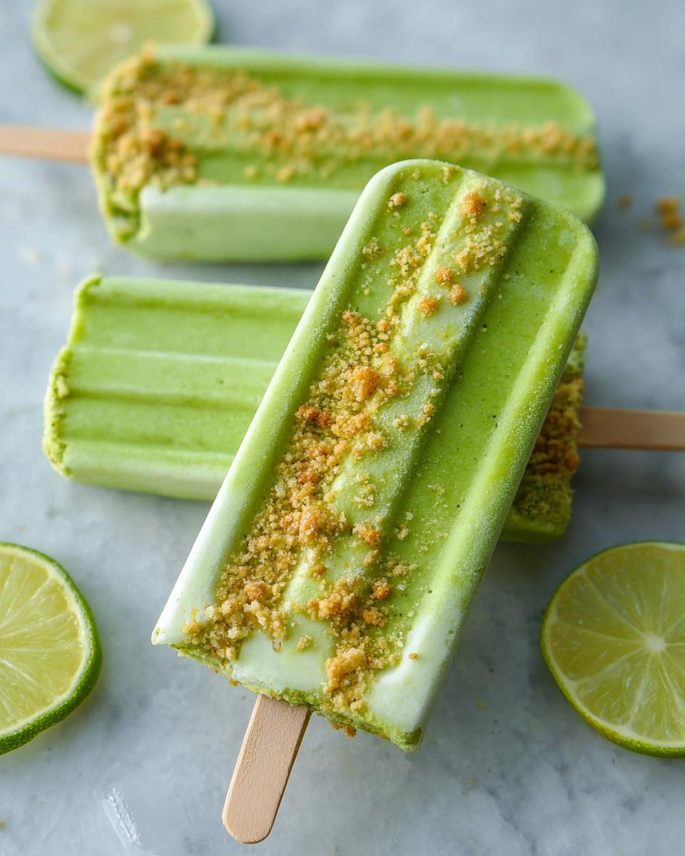 Close-up of Key Lime Pie Popsicles Recipe, topped with graham cracker crumbs and fresh lime slices.