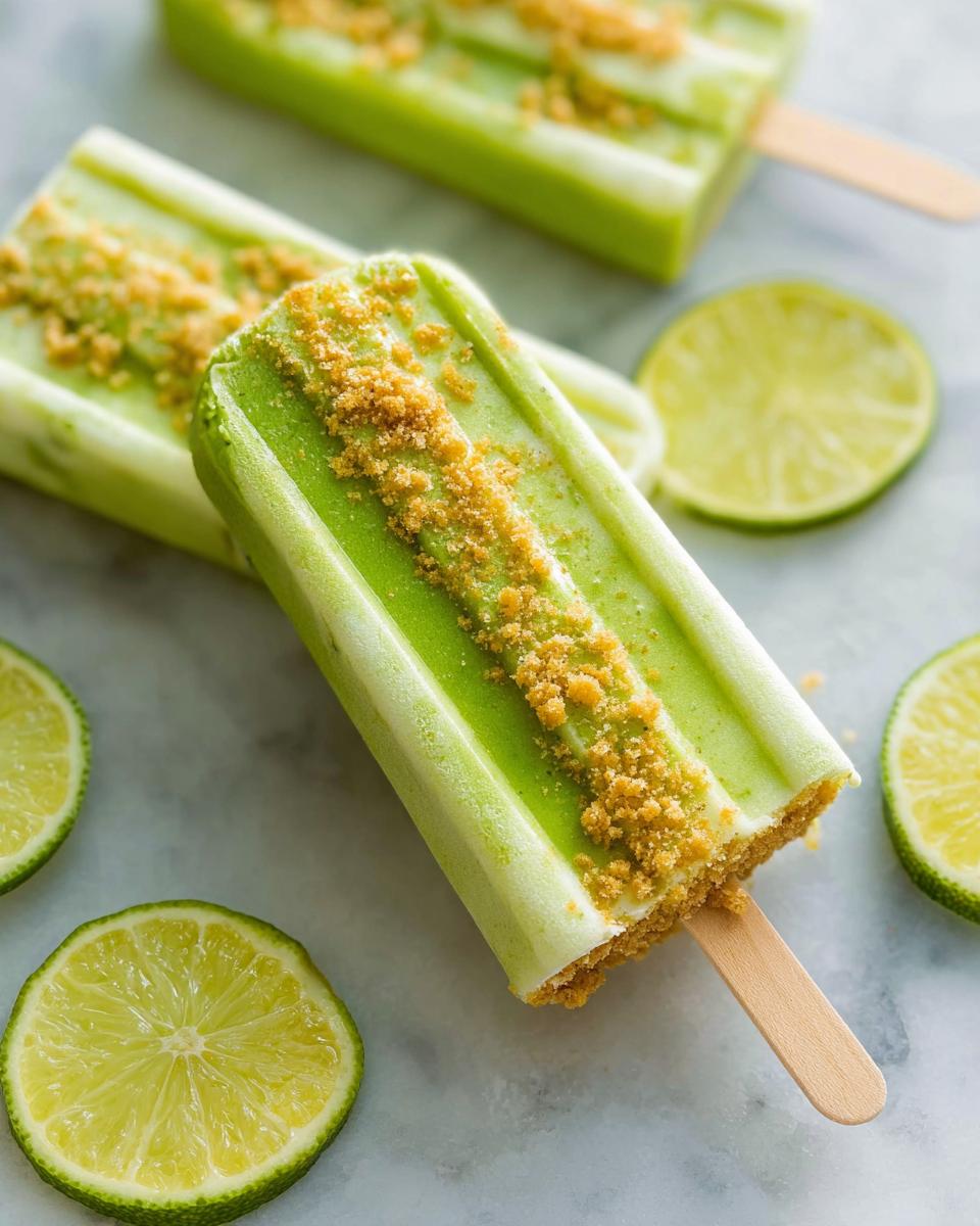 Close-up of a Key Lime Pie Popsicles Recipe popsicle, topped with graham cracker crumbs and surrounded by lime slices.