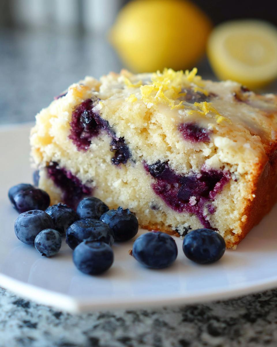 Quick Lemon Blueberry Breakfast Cake Recipe 4 A slice of Lemon Blueberry Breakfast Cake topped with glaze and lemon zest, served with fresh blueberries on a white plate.
