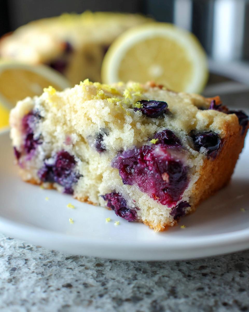 Quick Lemon Blueberry Breakfast Cake Recipe 5 A close-up of a slice of Lemon Blueberry Breakfast Cake on a white plate, topped with lemon zest.