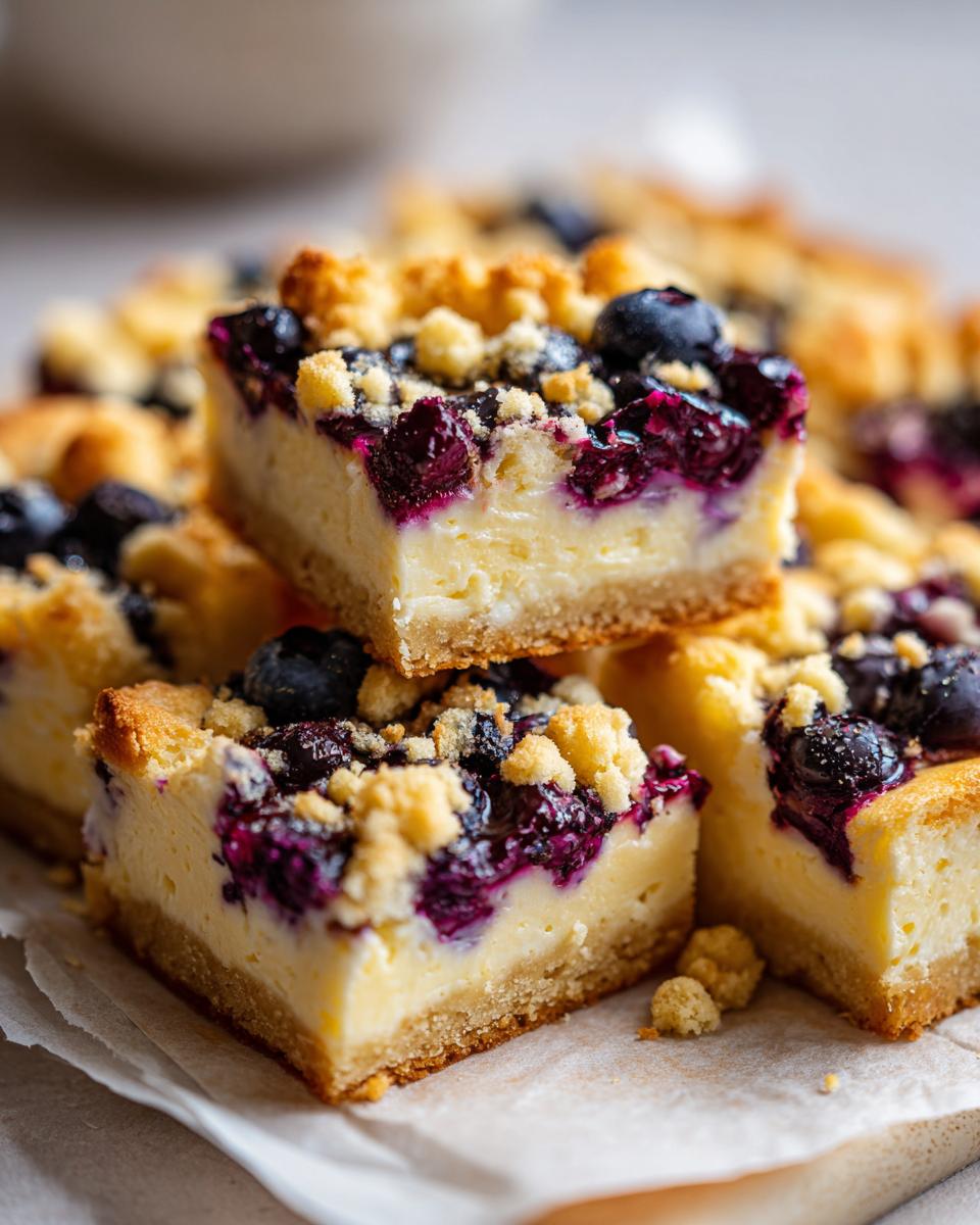 Close-up of stacked Lemon Blueberry Cheesecake Cookie Bars, showcasing a creamy cheesecake layer, fresh blueberries, and a crumble topping.