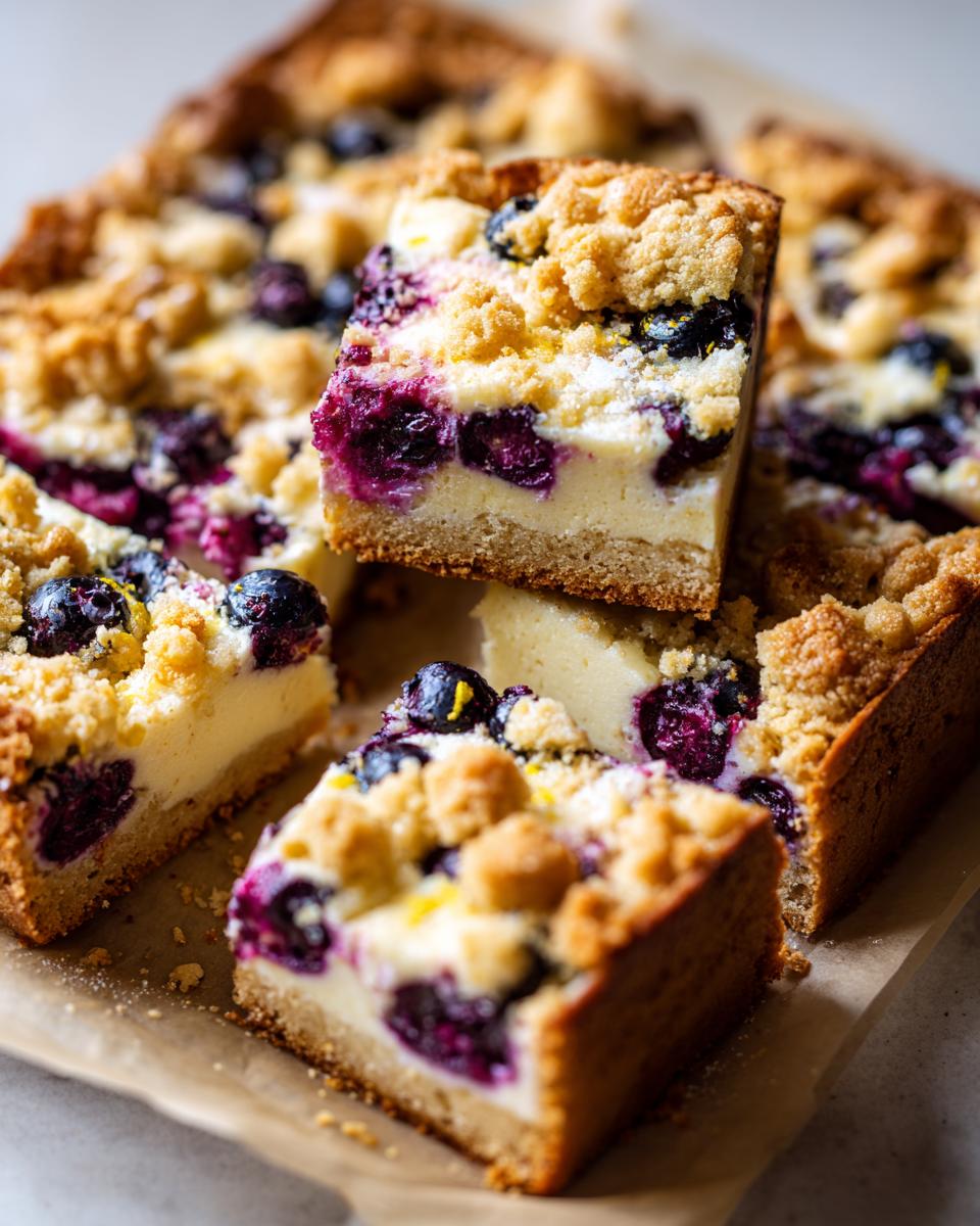 Close-up of Lemon Blueberry Cheesecake Cookie Bars, showing layers of creamy cheesecake, blueberries, and crumb topping.