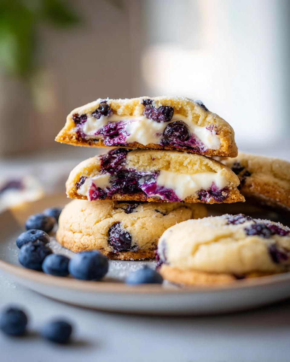 A stack of delicious lemon blueberry cheesecake cookies, showing the creamy cheesecake filling and blueberries inside.