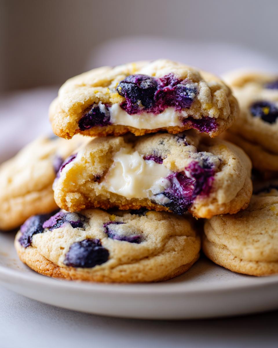 A stack of lemon blueberry cheesecake cookies, with the top cookie broken open to reveal a creamy cheesecake filling and blueberries.