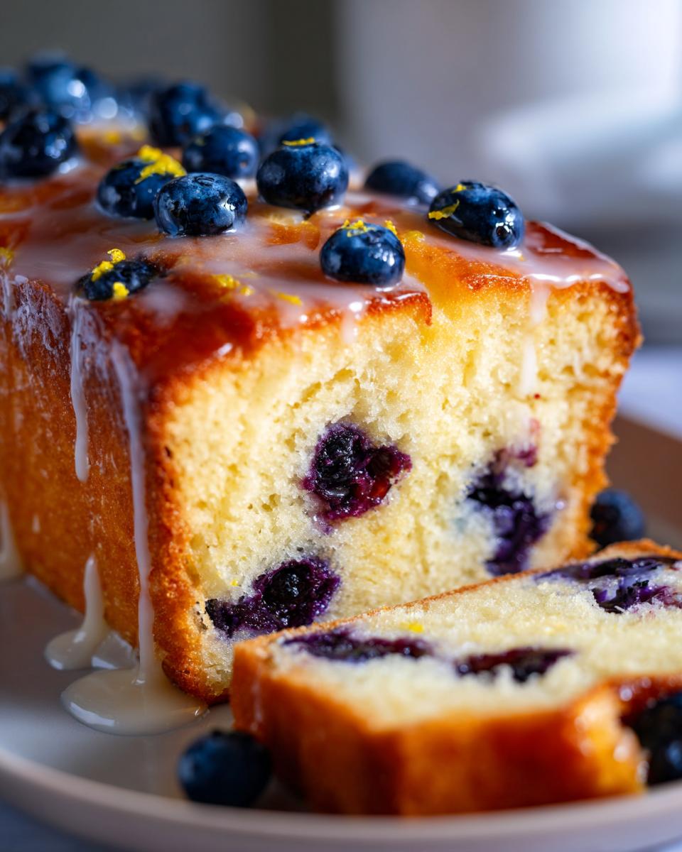 A close-up of a slice of Lemon Blueberry Pound Cake Summer Dessert, topped with fresh blueberries and a drizzle of glaze.