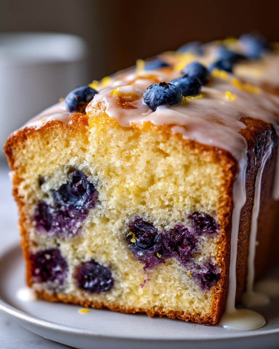 A close-up of a slice of Lemon Blueberry Pound Cake Summer Dessert, drizzled with glaze and topped with fresh blueberries.