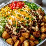 A close-up of a Loaded Potato Taco Bowl Crispy Style with seasoned ground beef, shredded cheese, corn, tomatoes, and crispy potatoes.