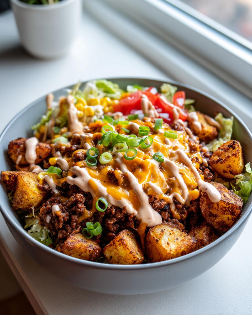 A Loaded Potato Taco Bowl Crispy Style with seasoned ground beef, crispy potatoes, cheese, lettuce, corn, tomatoes, and a drizzle of sauce.
