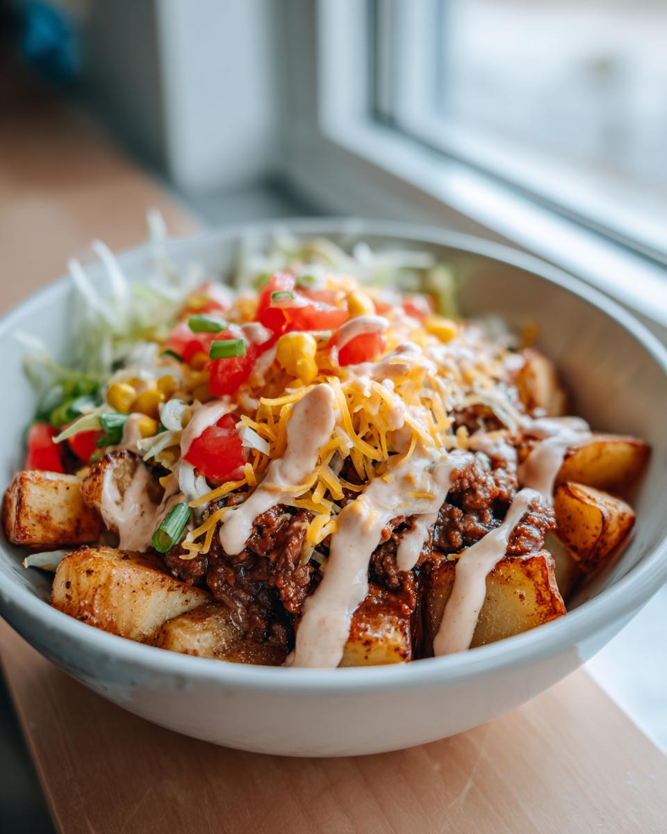 A close-up of a Loaded Potato Taco Bowl Crispy Style, featuring crispy potato wedges topped with seasoned ground beef, shredded cheese, tomatoes, corn, and a drizzle of sauce.