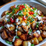 Close-up of a Loaded Ranch Potato Bowl Easy Comfort Dinner with chicken, potatoes, cheese, and ranch dressing.
