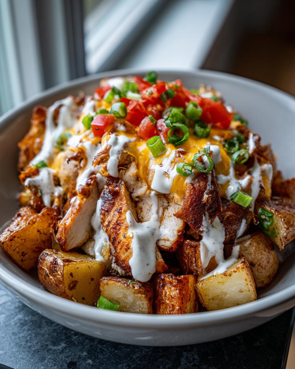 A delicious Loaded Ranch Potato Bowl with chicken, potatoes, cheese, tomatoes, and ranch dressing.