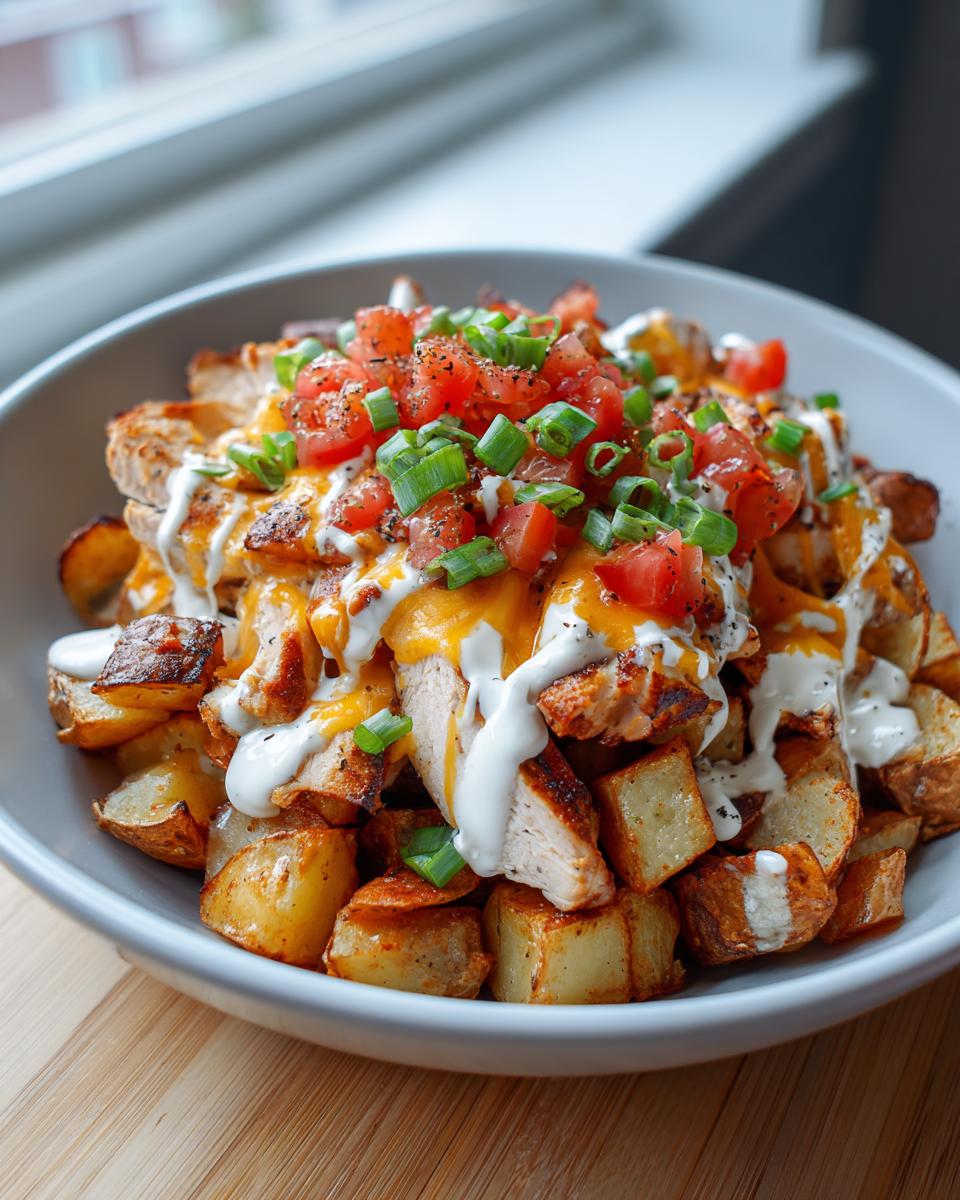 A close-up of a Loaded Ranch Potato Bowl Easy Comfort Dinner, featuring crispy potatoes, chicken, melted cheese, tomatoes, and green onions.