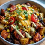 A close-up of a Loaded Southwest Chicken and Potato Bowl, featuring seasoned chicken, roasted potatoes, black beans, corn, tomatoes, and melted cheese.