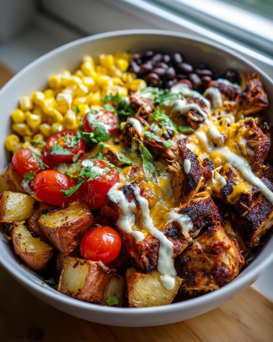 Close-up of a Loaded Southwest Chicken and Potato Bowl with corn, black beans, cherry tomatoes, roasted potatoes, shredded chicken, and a drizzle of sauce.