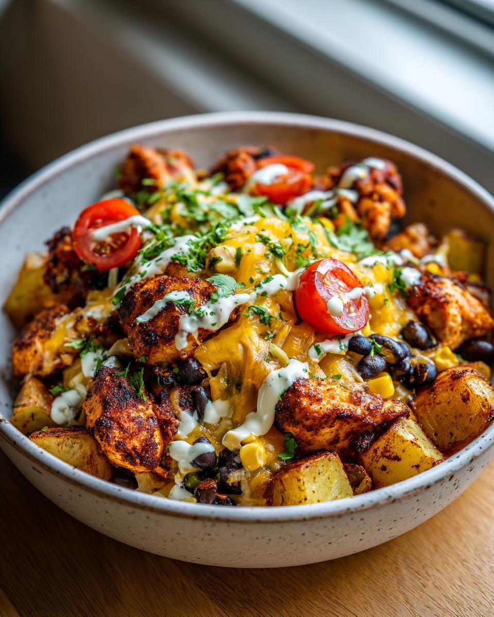 A close-up of a Loaded Southwest Chicken and Potato Bowl, featuring seasoned chicken, roasted potatoes, black beans, corn, cheese, and a drizzle of sauce.