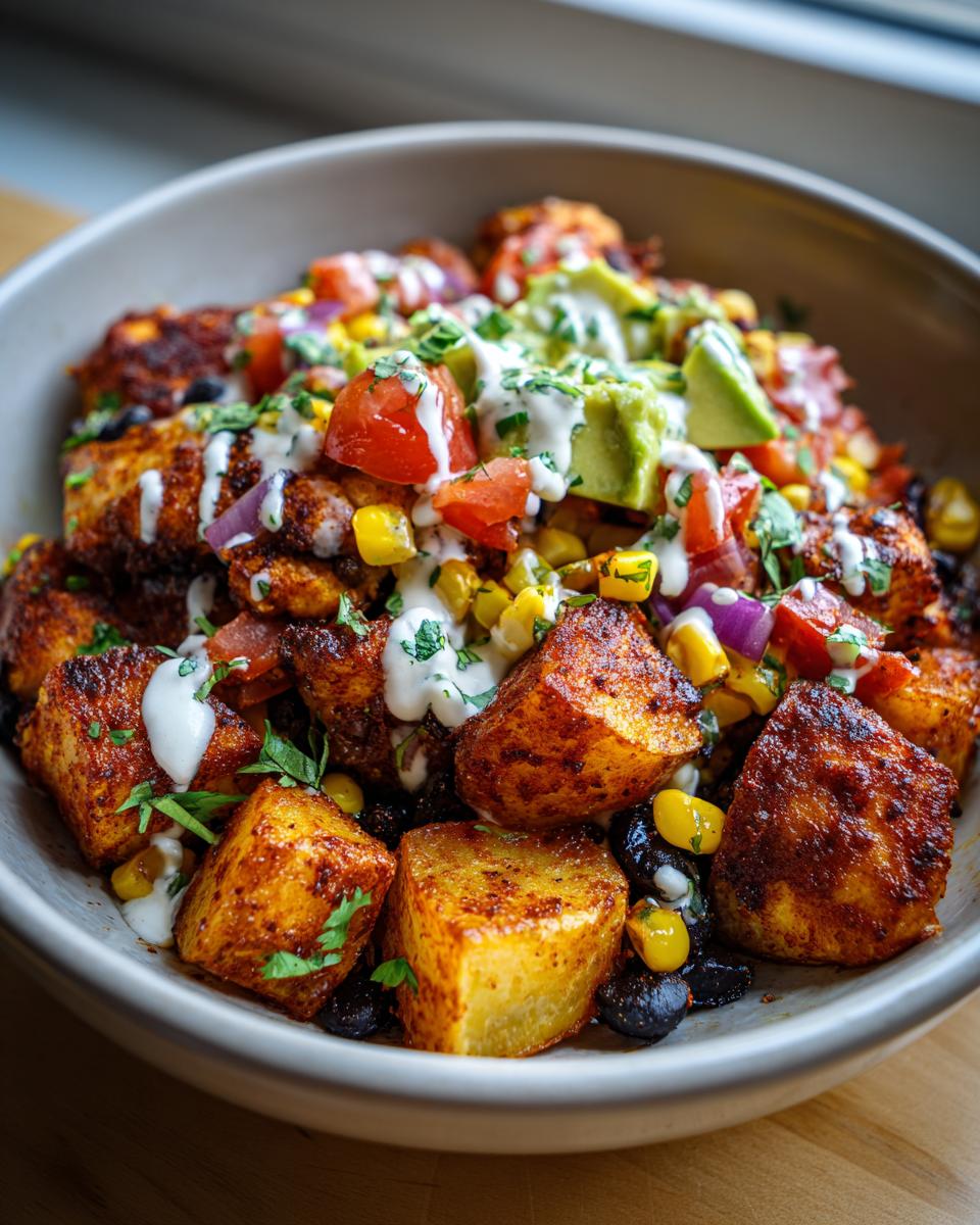 Close-up of Loaded Southwest Potato Bowls with crispy potatoes, black beans, corn, tomatoes, avocado, and a creamy drizzle.