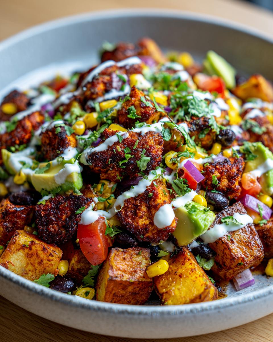 Close-up of Loaded Southwest Potato Bowls with roasted potatoes, black beans, corn, avocado, and a drizzle of crema.