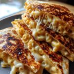 Close-up of a crispy mac and cheese baked quesadilla, oozing with melted cheese.