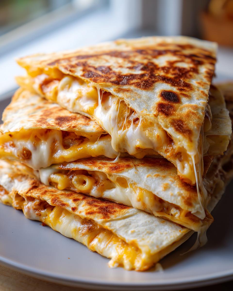 A stack of crispy mac and cheese baked quesadillas with melted cheese oozing out.