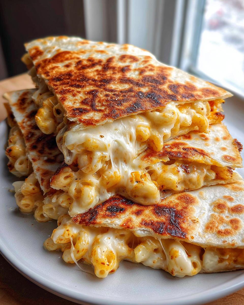 Close-up of a crispy Mac and Cheese Baked Quesadilla, oozing with melted cheese.