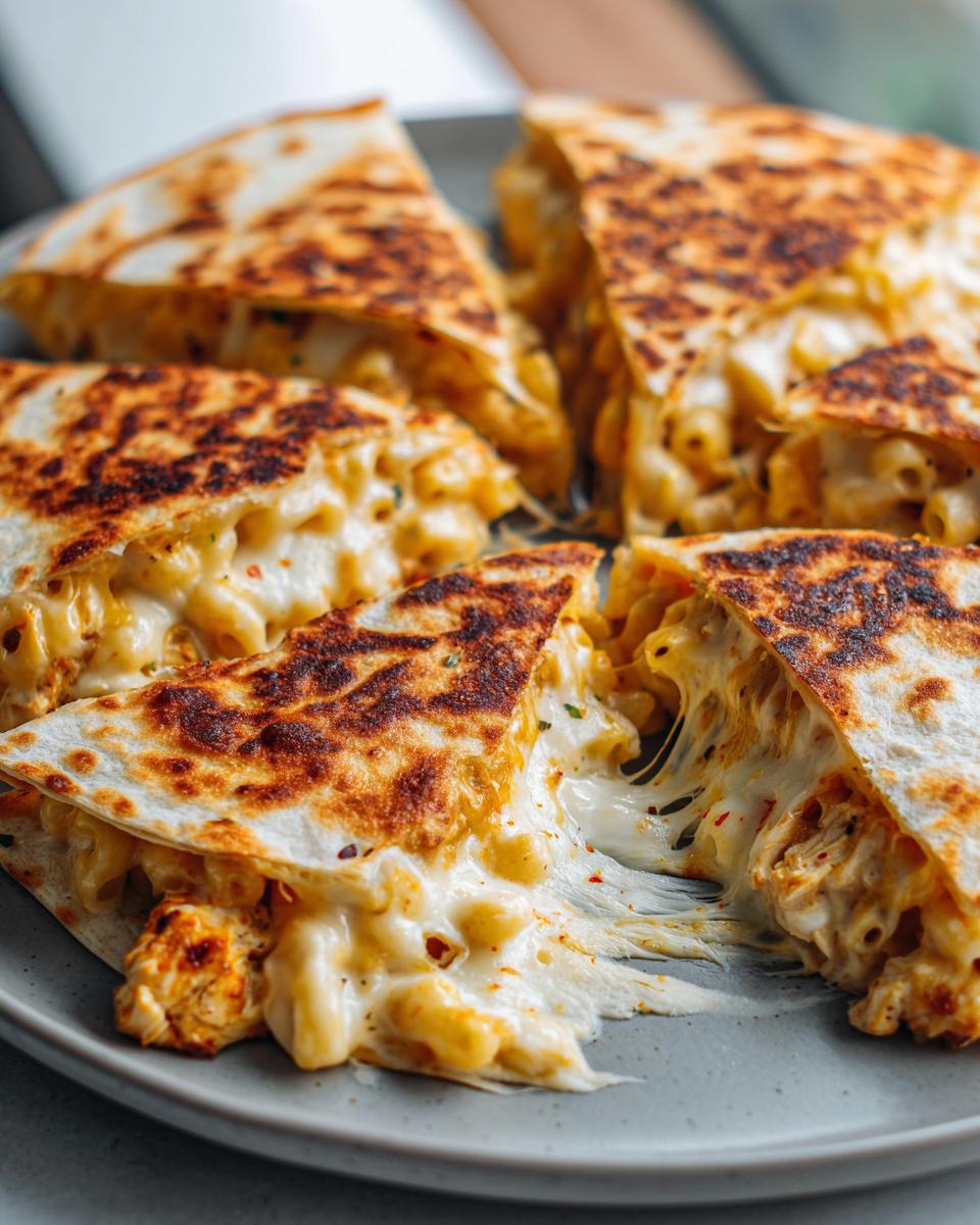 Close-up of a Mac and Cheese Chicken Quesadilla cut into wedges, with gooey cheese stretching out.