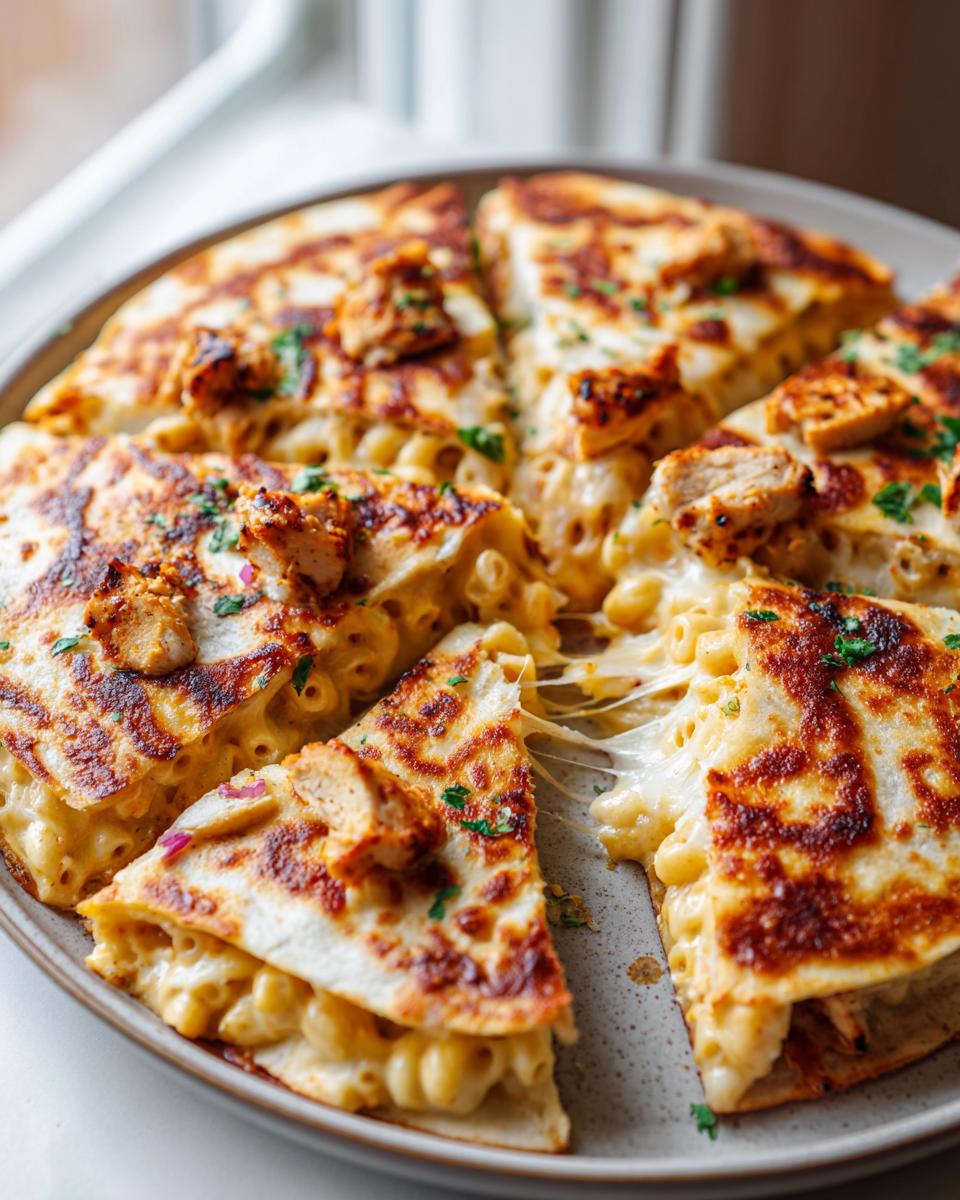 A slice of Mac and Cheese Chicken Quesadilla showing gooey cheese pull, topped with chicken pieces and parsley.