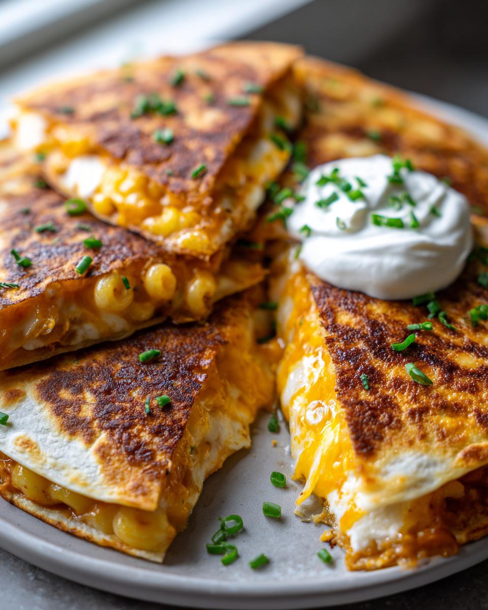 Close-up of a crispy Mac and Cheese Quesadilla, cut into wedges and topped with sour cream and chives.
