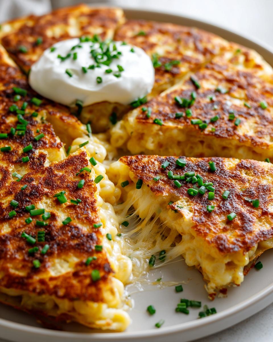 A slice of crispy Mac and Cheese Quesadilla with gooey melted cheese and a dollop of sour cream topped with chives.