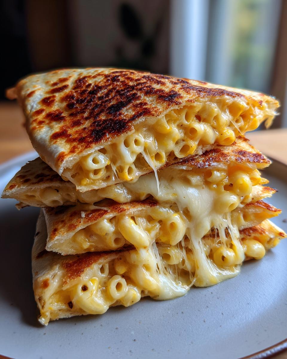 A stack of golden-brown Mac and Cheese Stuffed Quesadillas, with gooey cheese oozing out.
