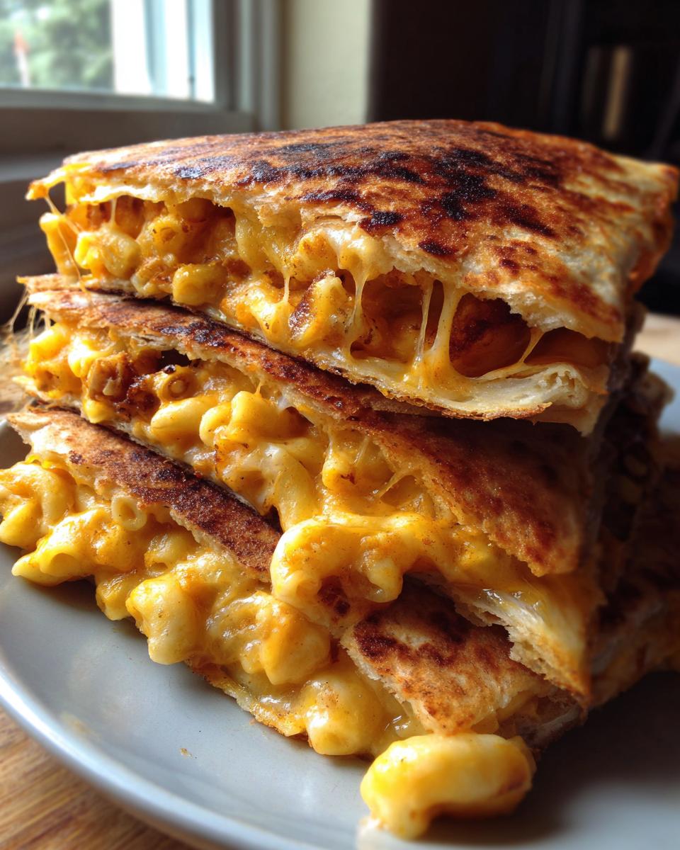 A close-up stack of golden-brown quesadillas stuffed with gooey mac and cheese.