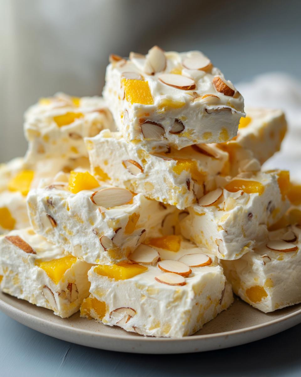 A stack of easy Mango Coconut Frozen Yogurt Bark slices topped with almonds and mango chunks.