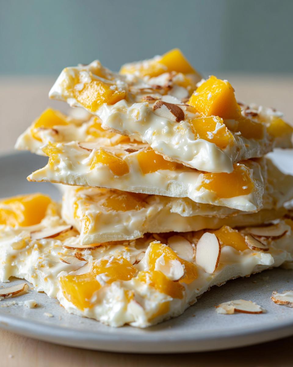 A stack of Easy Mango Coconut Frozen Yogurt Bark pieces, topped with fresh mango chunks and slivered almonds.