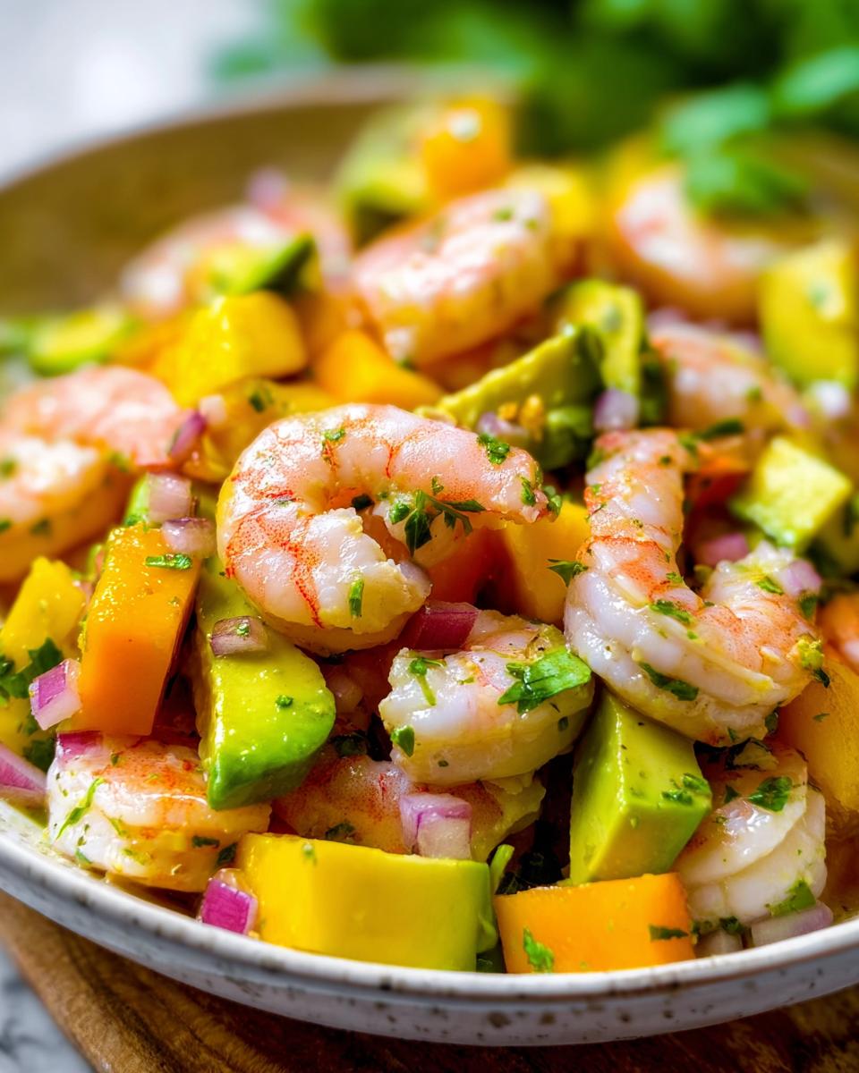 Mango Pineapple Shrimp Salad: Glorious Taste 4 Close-up of a vibrant Mango Pineapple Shrimp Salad with Avocado, featuring plump shrimp, diced mango, avocado, and red onion.