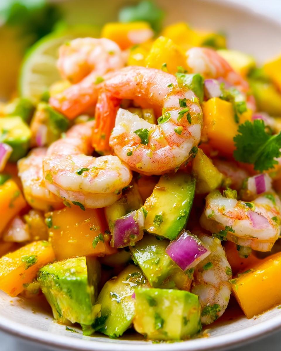 Mango Pineapple Shrimp Salad: Glorious Taste 5 Close-up of vibrant Mango Pineapple Shrimp Salad with Avocado, featuring plump shrimp, diced mango, avocado, and red onion.