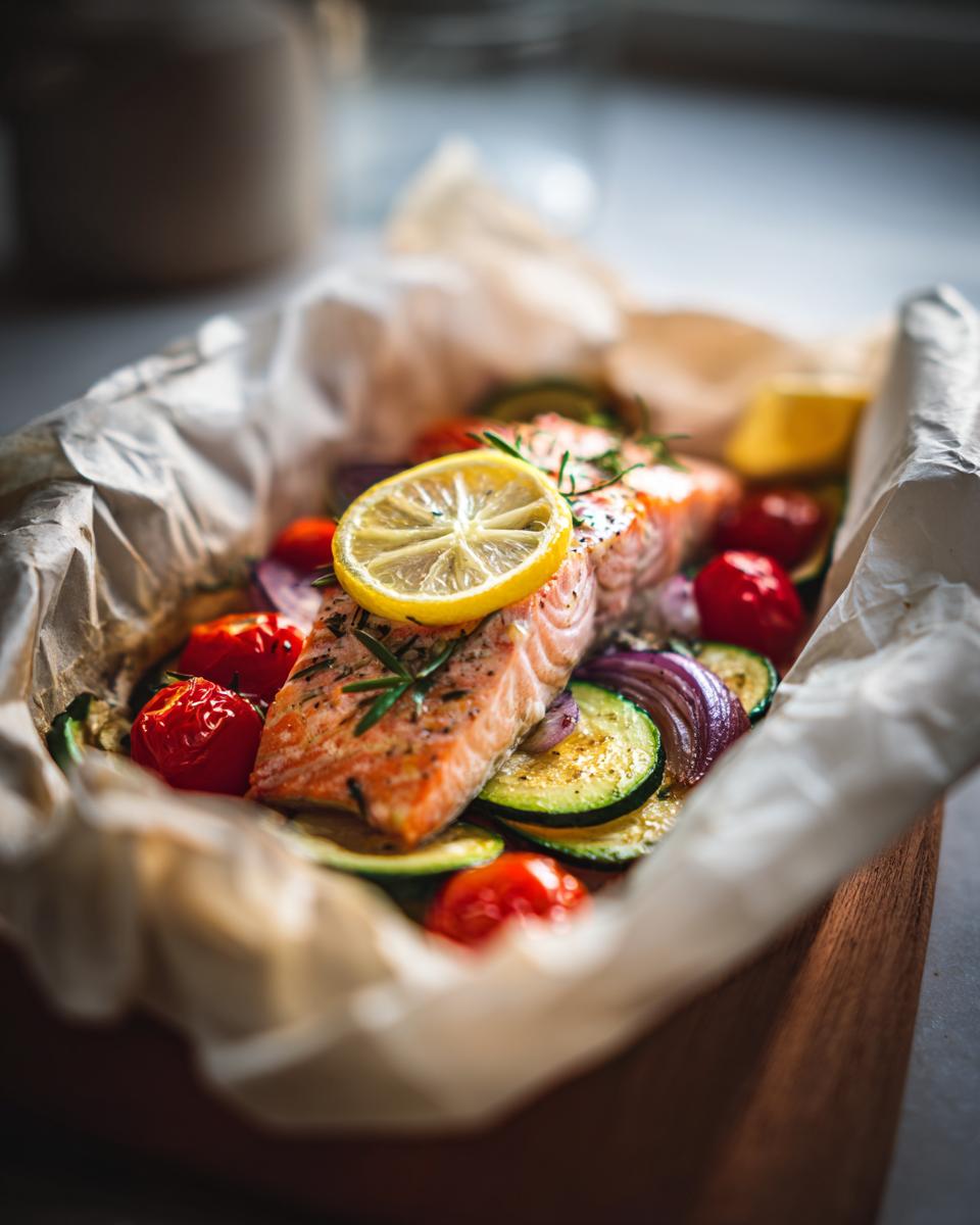 Close-up of a delicious Mediterranean Salmon Recipe in Parchment with roasted vegetables and a lemon slice.