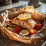 A close-up of a Mediterranean Salmon Recipe in Parchment, featuring a flaky salmon fillet with roasted vegetables and a lemon slice.