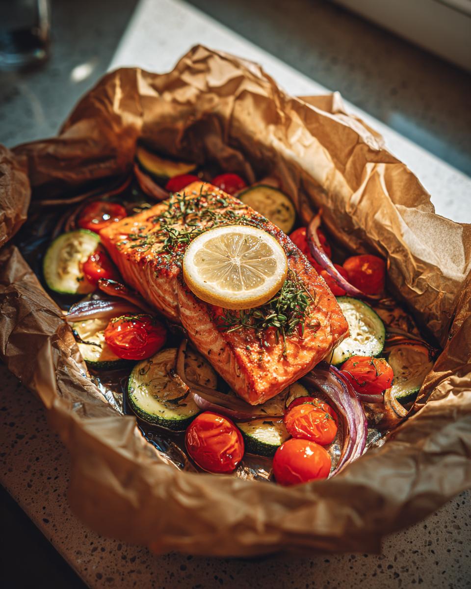 A beautifully cooked Mediterranean Salmon Recipe in Parchment, topped with a lemon slice and herbs, surrounded by roasted vegetables.
